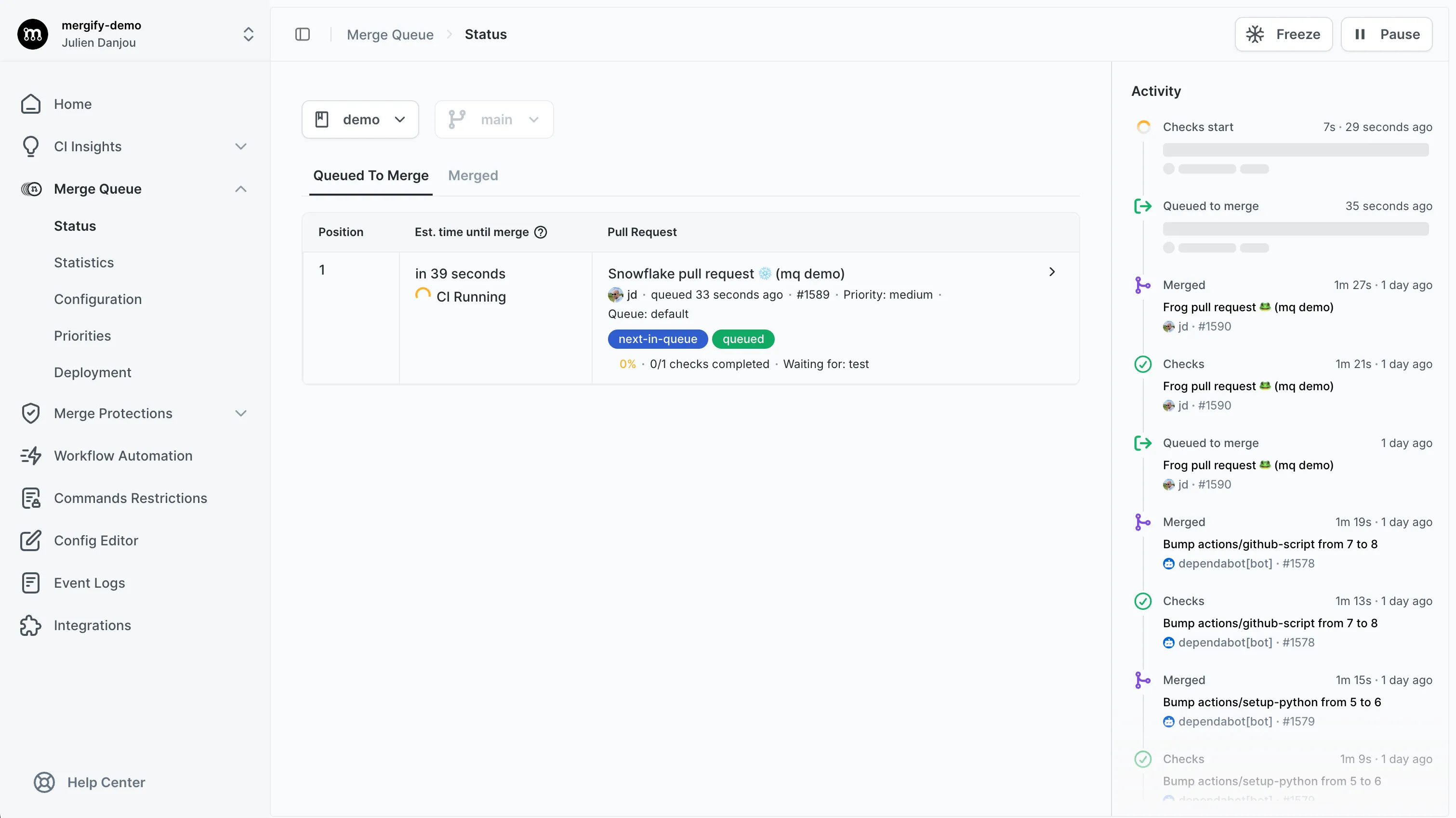 Mergify queue status